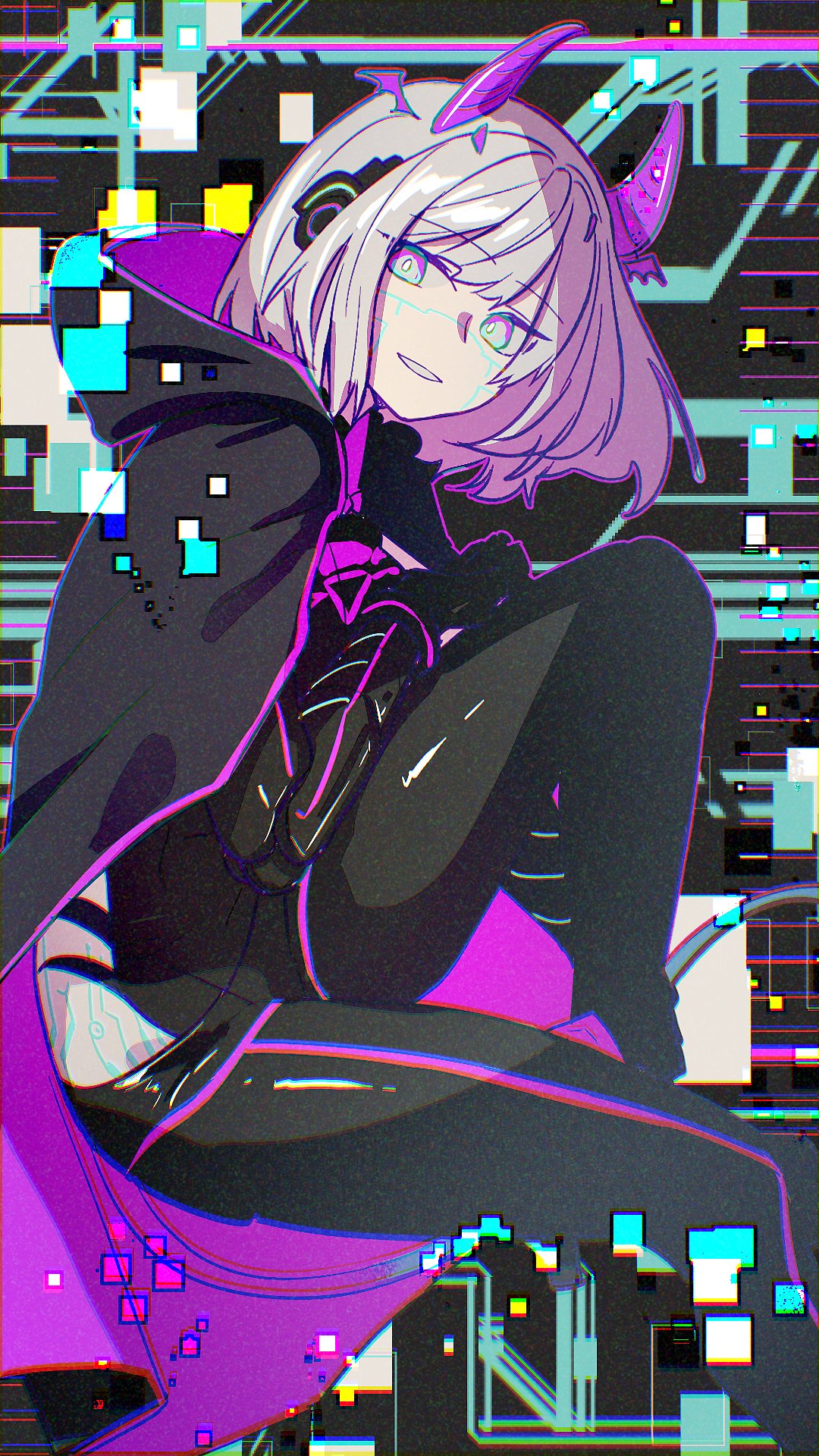 1girl black_bodysuit black_cape bob_cut bodysuit breasts cape detached_horns gradient_hair gradient_horns hair_intakes headphones highres hip_vent holographic_horns horns indie_virtual_youtuber looking_at_viewer medium_hair motherv3 multicolored_eyes multicolored_hair multicolored_horns neon_trim open_mouth pink_horns pote0508 purple_cape purple_eyes purple_horns smile solo tail tail_through_clothes two-sided_cape two-sided_fabric two-tone_eyes virtual_youtuber