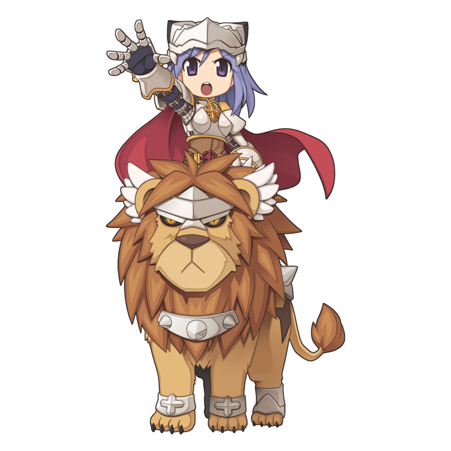 1girl armor black_gloves boobplate breastplate cape chibi cross full_body gauntlets gloves grey_hair lion looking_at_viewer lord_knight_(ragnarok_online) medium_hair official_art open_mouth pauldrons purple_eyes ragnarok_online reaching reaching_towards_viewer red_cape riding shoulder_armor simple_background solo spiked_gauntlets teeth transparent_background upper_teeth_only v-shaped_eyebrows yuichirou