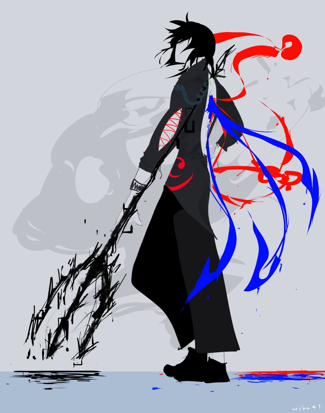 1boy asymmetrical_wings black_footwear black_hair black_pants blue_wings fortyone_(artist) full_body genderswap genderswap_(ftm) grey_background highres holding_trident houjuu_nue paint pants polearm red_wings short_hair solo standing touhou trident weapon wings