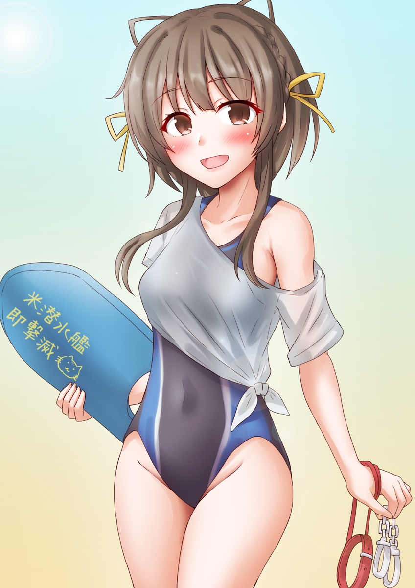 1girl anti_(untea9) black_one-piece_swimsuit blush breasts brown_eyes brown_hair collar competition_swimsuit cowboy_shot cuffs gradient_background handcuffs highres kantai_collection kickboard looking_at_viewer one-piece_swimsuit open_mouth short_hair short_hair_with_long_locks small_breasts smile solo swimsuit swimsuit_under_clothes ukuru_(kancolle) yellow_background