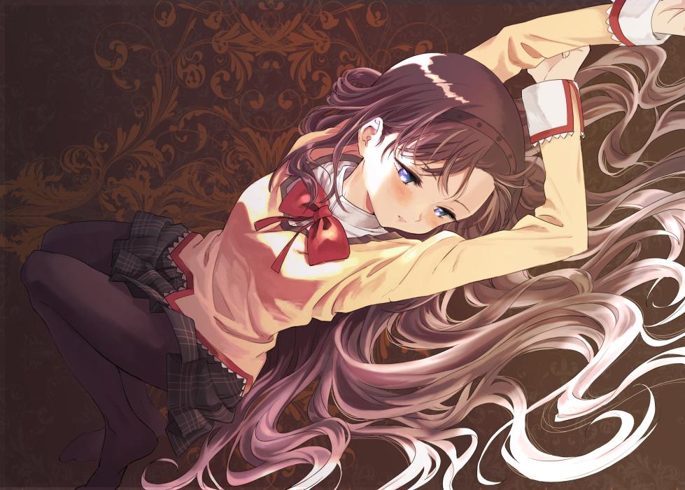 1girl akemi_homura arms_up black_hair black_hairband black_pantyhose black_skirt blue_eyes bow bowtie brown_background collar collared_shirt commentary_request eyelashes full_body hair_spread_out hairband hand_on_own_arm juliet_sleeves knees_up lace-trimmed_shirt lace-trimmed_sleeves lace_trim light_blush long_hair long_sleeves looking_to_the_side lying mahou_shoujo_madoka_magica mahou_shoujo_madoka_magica_(anime) miniskirt mitakihara_school_uniform no+bi= no_shoes on_back pantyhose parted_lips plaid plaid_skirt pleated_skirt puffy_sleeves red_bow red_bowtie school_uniform shirt simple_background skirt solo studded_hairband very_long_hair white_collar yellow_shirt yellow_sleeves