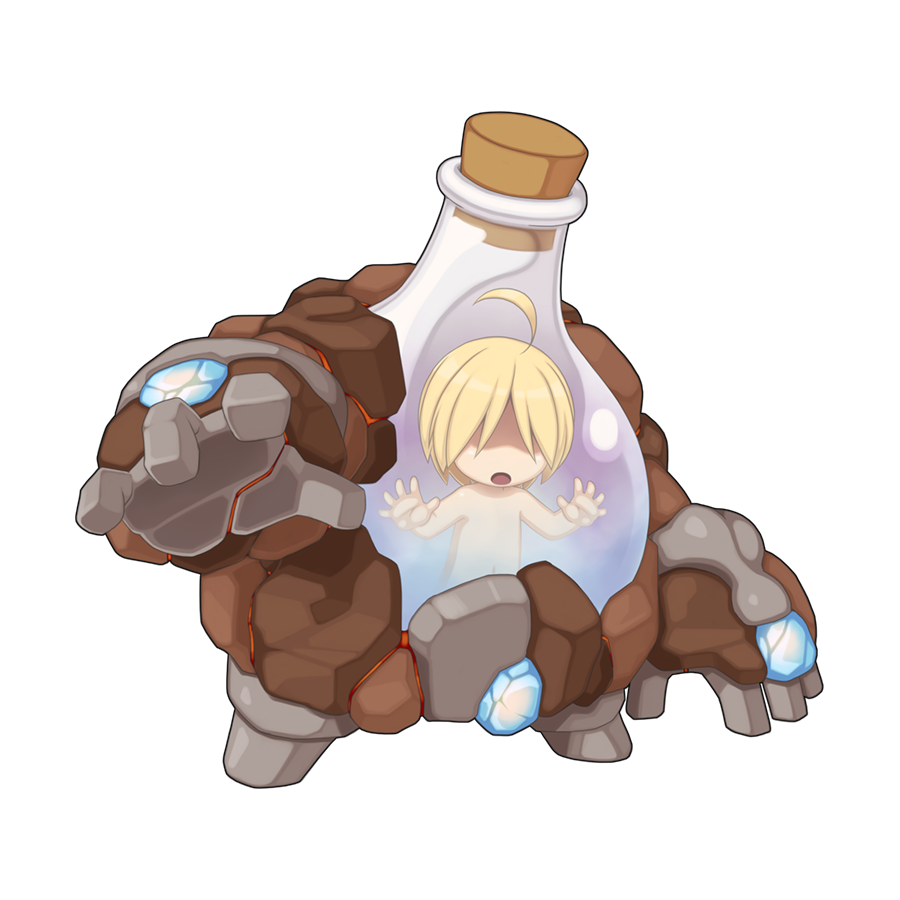 1boy against_glass ahoge blonde_hair blue_gemstone chibi cork dieter_(ragnarok_online) faceless faceless_male flask full_body gem golem male_focus official_art open_mouth ragnarok_online reaching reaching_towards_viewer shaded_face short_hair simple_background solo transparent_background yuichirou