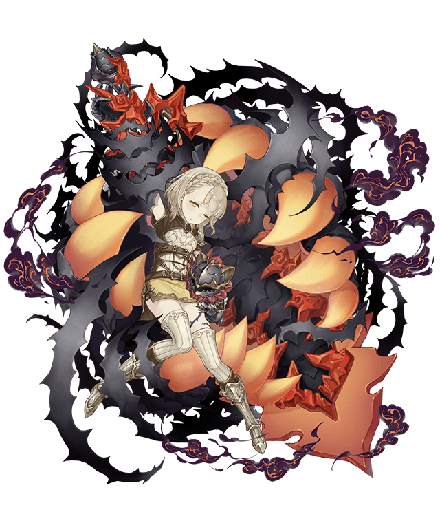 1girl armor armored_boots belt blonde_hair boots briar_rose_(sinoalice) flat_chest full_body gauntlets half-closed_eyes huge_weapon ji_no looking_at_viewer official_art one_eye_closed single_gauntlet sinoalice smoke solo stuffed_toy sword thighhighs thorns transparent_background weapon yellow_eyes