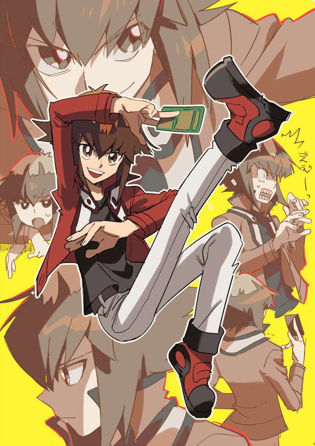 1boy aoki_(fumomo) bangs boots brown_eyes brown_hair card closed_mouth duel_academy_uniform_(yu-gi-oh!_gx) hair_between_eyes high_collar holding holding_card jacket long_sleeves male_focus multiple_views open_mouth pants pose red_jacket simple_background smile sweat white_pants yellow_background yu-gi-oh! yu-gi-oh!_gx yuuki_juudai