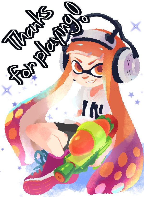 1girl bike_shorts black_shorts grin headphones inkling inkling_girl inkling_player_character long_hair looking_at_viewer mira_2420 no_lineart official_style orange_eyes orange_hair pink_footwear shirt shoelaces shoes short_sleeves shorts smile sneakers solo splatoon_(series) splatoon_1 splattershot_(splatoon) super_soaker t-shirt teeth tentacle_hair thank_you v-shaped_eyebrows very_long_hair white_shirt