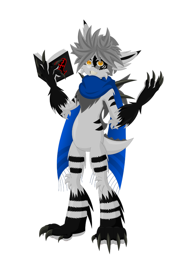 age_difference aged_up anthro black_body black_fur book claws deishun eyewear fan_character fur fur_markings glasses grey_body grey_fur heartless_symbol male markings monster older_male orange_eyes scarf solo spines summoning yellow_eyes zarjhan_mary