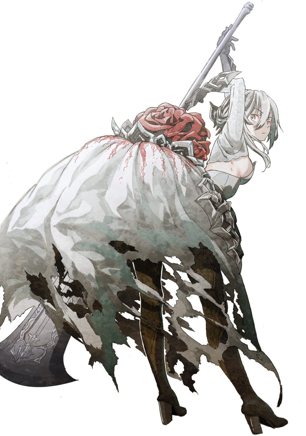 1girl back bangs black_footwear boots breasts closed_mouth dress full_body gauntlets hair_between_eyes hands_up highres holding holding_polearm holding_spear holding_weapon long_sleeves looking_at_viewer looking_back polearm sideboob simple_background sinoalice snow_white_(sinoalice) solo spear thigh_boots thighhighs torn_clothes torn_dress tsukinowa_kousuke v-shaped_eyebrows weapon white_background white_dress white_eyes white_hair