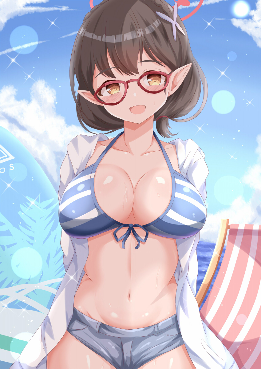1girl ayane_(blue_archive) ayane_(swimsuit)_(blue_archive) bikini bikini_under_clothes blue_archive blue_sky blush braid breasts brown_eyes brown_hair cloud collarbone commentary_request day flower front-tie_bikini_top front-tie_top glasses grey_shorts hair_flower hair_ornament halo highres hood hood_down hooded_jacket horizon jacket large_breasts looking_at_viewer ocean open_clothes open_jacket outdoors pointy_ears purple_flower red-framed_eyewear short_shorts shorts sky solo striped_bikini striped_clothes swimsuit water white_jacket xenon_(for_achieve)