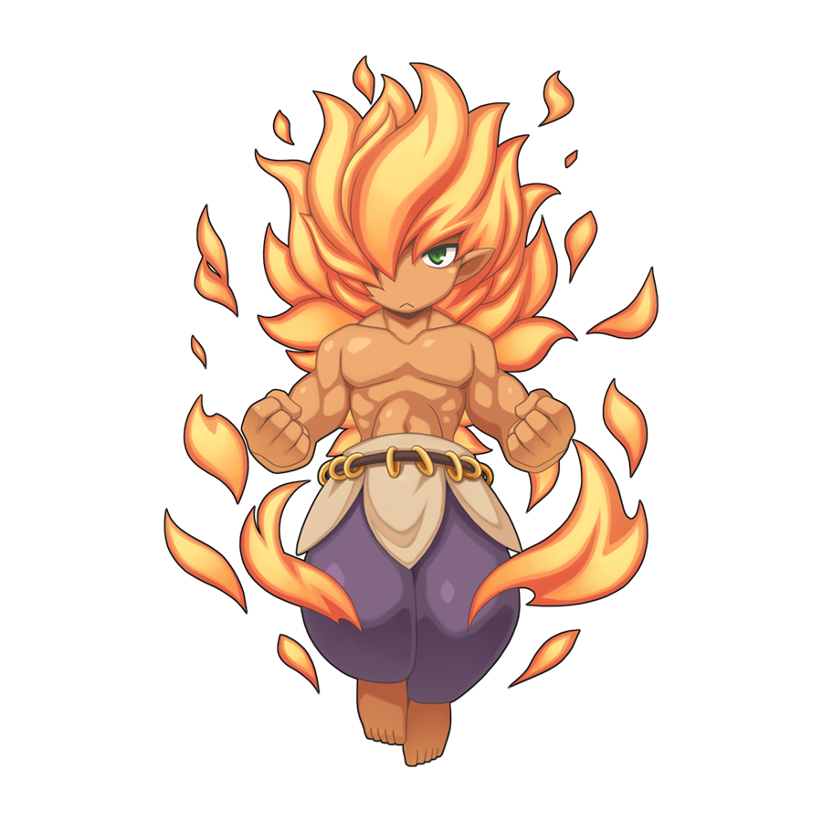 1boy :&lt; agni_(ragnarok_online) barefoot belt brown_belt chibi clenched_hands closed_mouth dark-skinned_male dark_skin fiery_hair fire full_body green_eyes hair_between_eyes hair_over_one_eye jewelry long_bangs long_hair male_focus muscular muscular_male no_nipples official_art orange_hair pants pointy_ears purple_pants ragnarok_online ring simple_background solo tan topless_male transparent_background yuichirou
