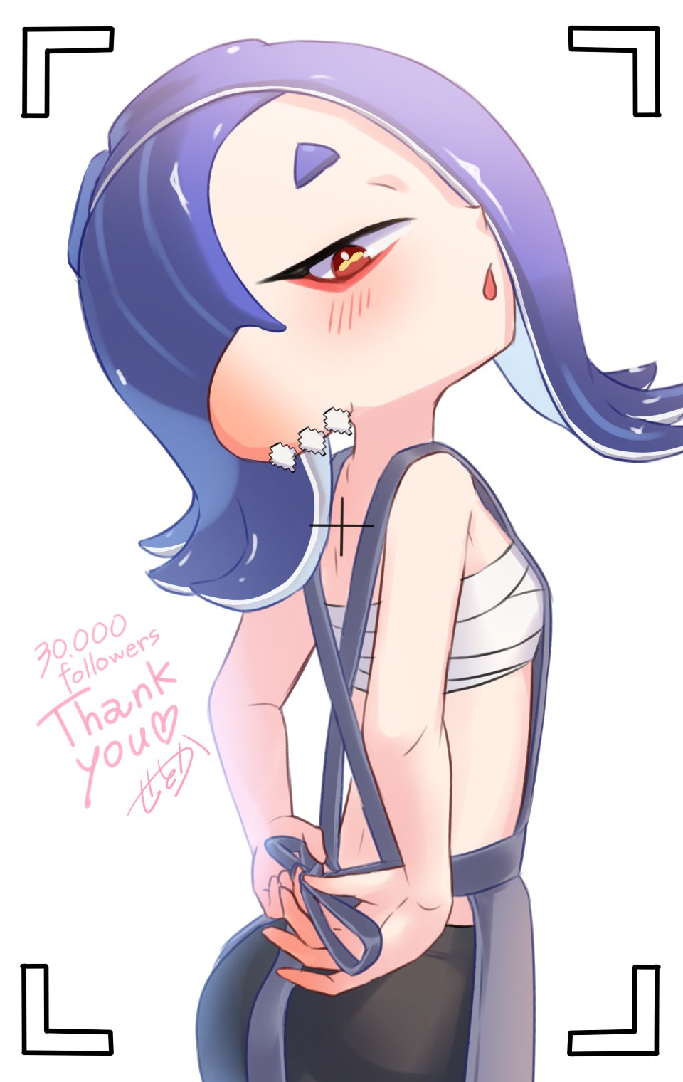 1girl amakusa_setoka apron arms_behind_back blue_hair blush cephalopod_eyes chest_sarashi commentary_request ear_blush earrings hair_over_one_eye highres jewelry looking_at_viewer milestone_celebration multiple_earrings octoling red_eyes sarashi shiver_(splatoon) signature solo splatoon_(series) splatoon_3 tentacle_hair thank_you tooth_earrings tying_apron viewfinder