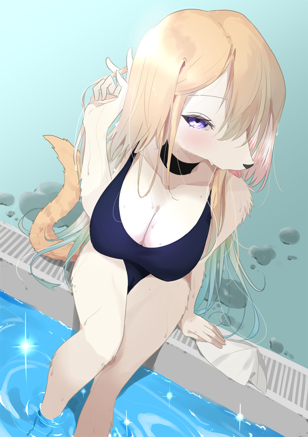 1girl arm_support black_choker blonde_hair blue_one-piece_swimsuit blush breasts choker cleavage collarbone dog_girl dog_tail furry furry_female highres large_breasts looking_at_viewer one-piece_swimsuit original pool poolside purple_eyes refraction school_swimsuit sitting soaking_feet swimsuit tail tongue tongue_out yongen_yu