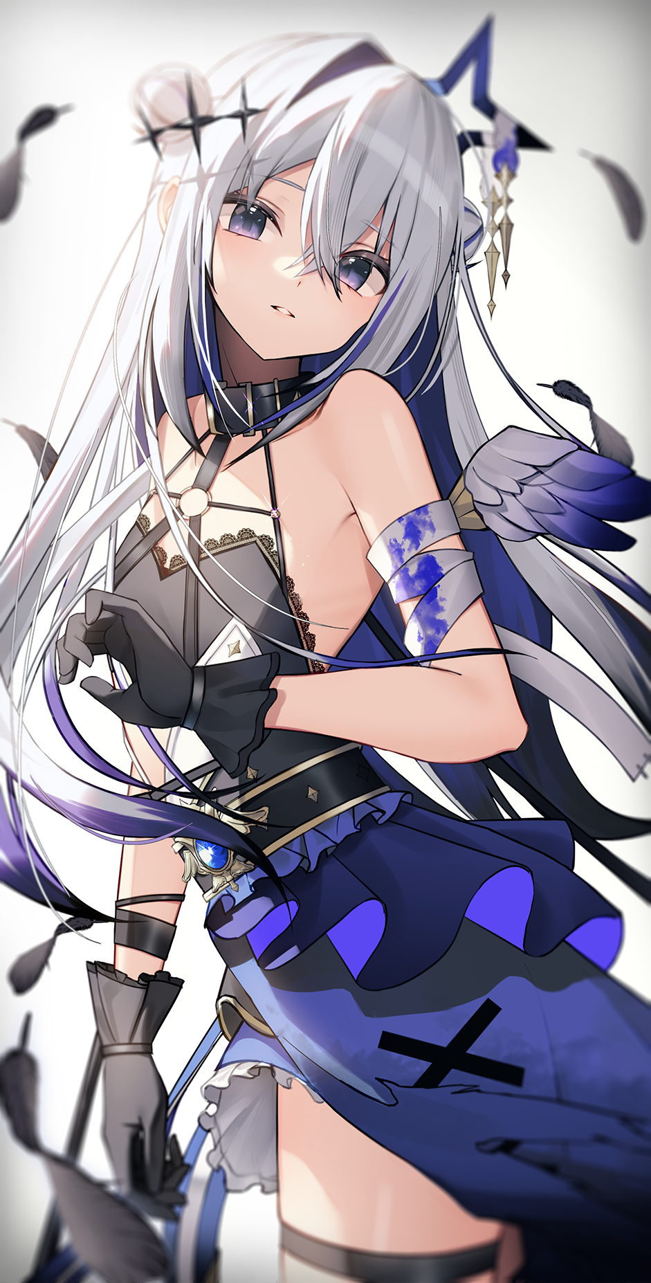 amane_kanata amane_kanata_(work) angel angel_wings bandaged_arm bandages belt_collar black_collar black_dress black_gloves blue_hair blush collar colored_inner_hair double_bun dress feathers gloves gradient_dress grey_hair hair_bun halo highres hololive looking_at_viewer multicolored_hair official_alternate_costume purple_eyes solo star_halo thigh_strap thomas_8000 virtual_youtuber white_background wings