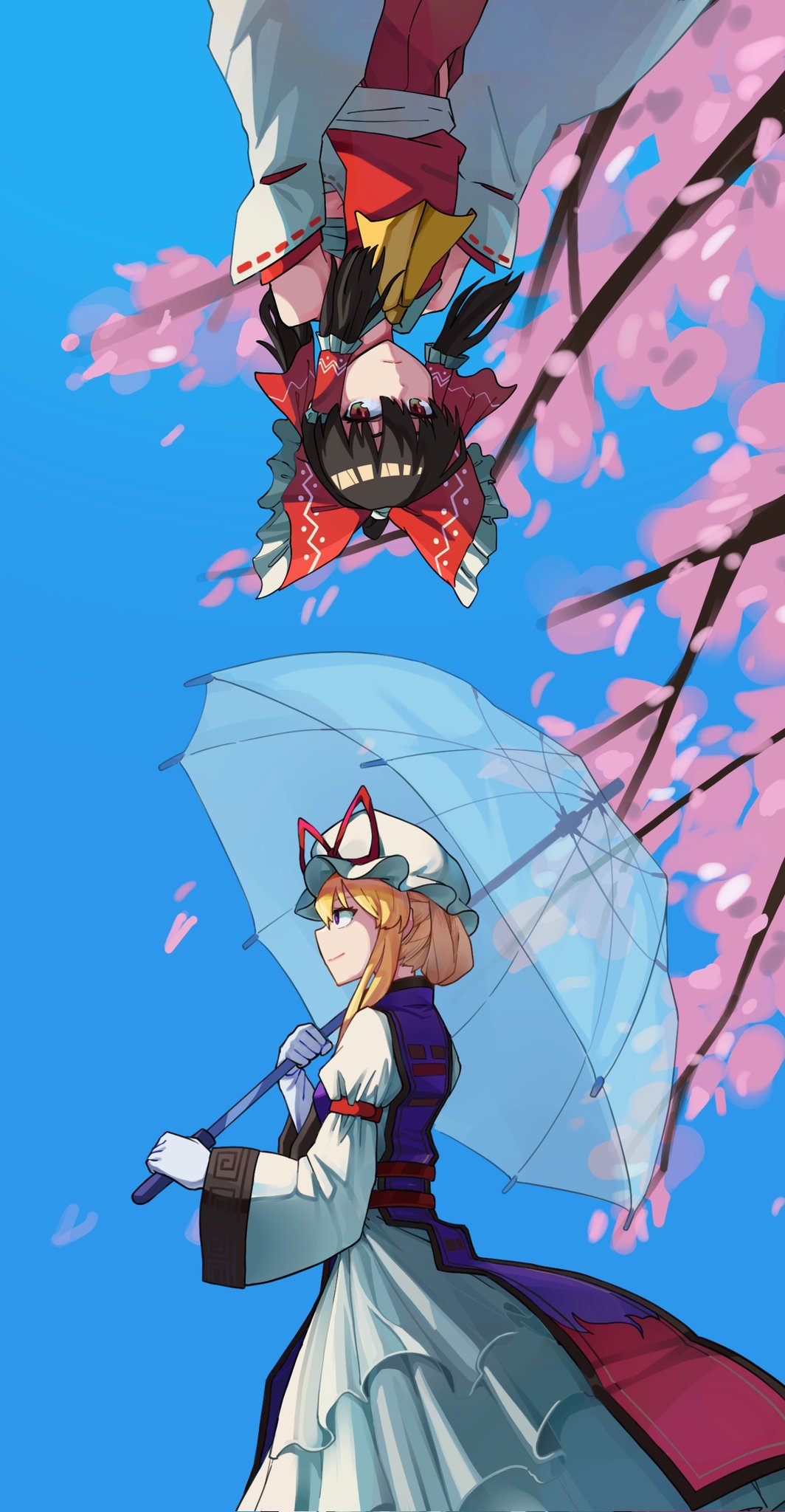 2girls ascot blonde_hair blue_sky bow brown_hair cherry_blossoms closed_mouth detached_sleeves dress frilled_bow frilled_dress frilled_hair_tubes frills gloves hair_bow hair_tubes hakurei_reimu hat hat_ribbon highres holding holding_umbrella long_hair long_sleeves mob_cap multiple_girls onionmay purple_eyes purple_tabard red_bow red_ribbon ribbon ribbon-trimmed_sleeves ribbon_trim sky smile tabard touhou transparent transparent_umbrella umbrella upside-down white_gloves yakumo_yukari yellow_ascot