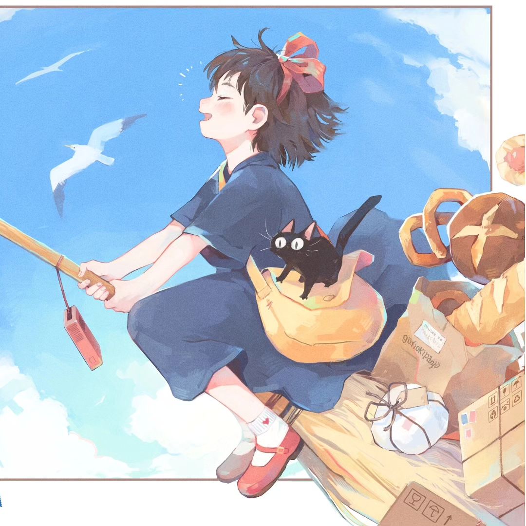 1girl ^_^ animal bad_source bag bird blue_dress bow box bread broom broom_riding brown_hair cat closed_eyes cloud commentary dress fairyapple food full_body hair_bow jiji_(majo_no_takkyuubin) kiki_(majo_no_takkyuubin) majo_no_takkyuubin messenger_bag profile red_bow red_footwear seagull short_hair shoulder_bag sky symbol-only_commentary