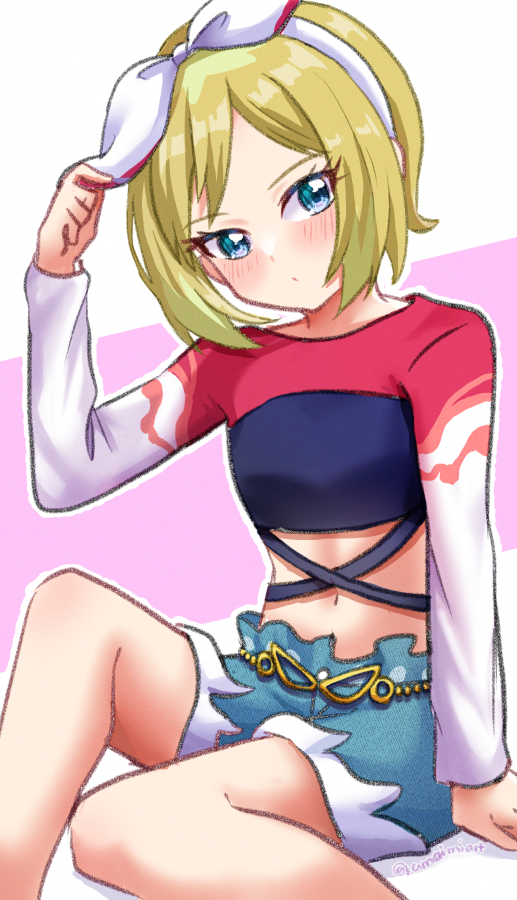 1girl amai-tapioca arm_support belt blonde_hair blue_eyes blue_shorts bow bow_hairband criss-cross_straps crop_top denim denim_shorts frilled_shorts frills gold_belt hairband hand_on_headwear head_tilt irida_(pokemon) knee_up light_blush looking_at_viewer midriff multicolored_shirt navel parted_bangs pink_background pokemon pokemon_legends:_arceus shadow shorts sidelocks simple_background sitting stomach two-tone_background white_background white_bow white_hairband