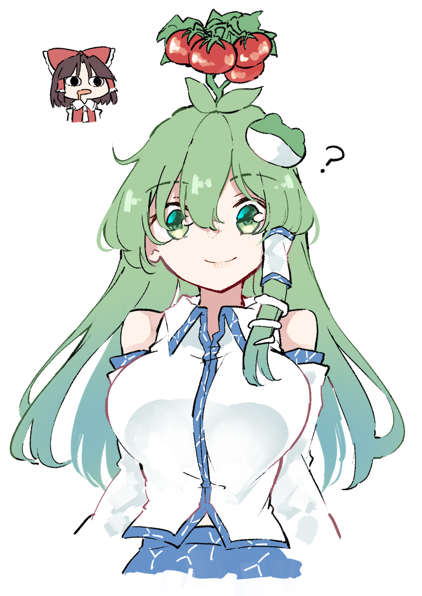 2girls ? ahoge bare_shoulders black_eyes blue_skirt blue_trim breasts brown_hair collared_shirt deetamu detached_sleeves drooling frog_hair_ornament green_eyes green_hair hair_between_eyes hair_ornament hair_tubes hakurei_reimu highres kochiya_sanae large_breasts long_hair long_sleeves looking_at_another looking_at_viewer mouth_drool multiple_girls plant shirt simple_background single_sidelock skirt sleeveless sleeveless_shirt smile snake_hair_ornament tomato touhou upper_body white_background