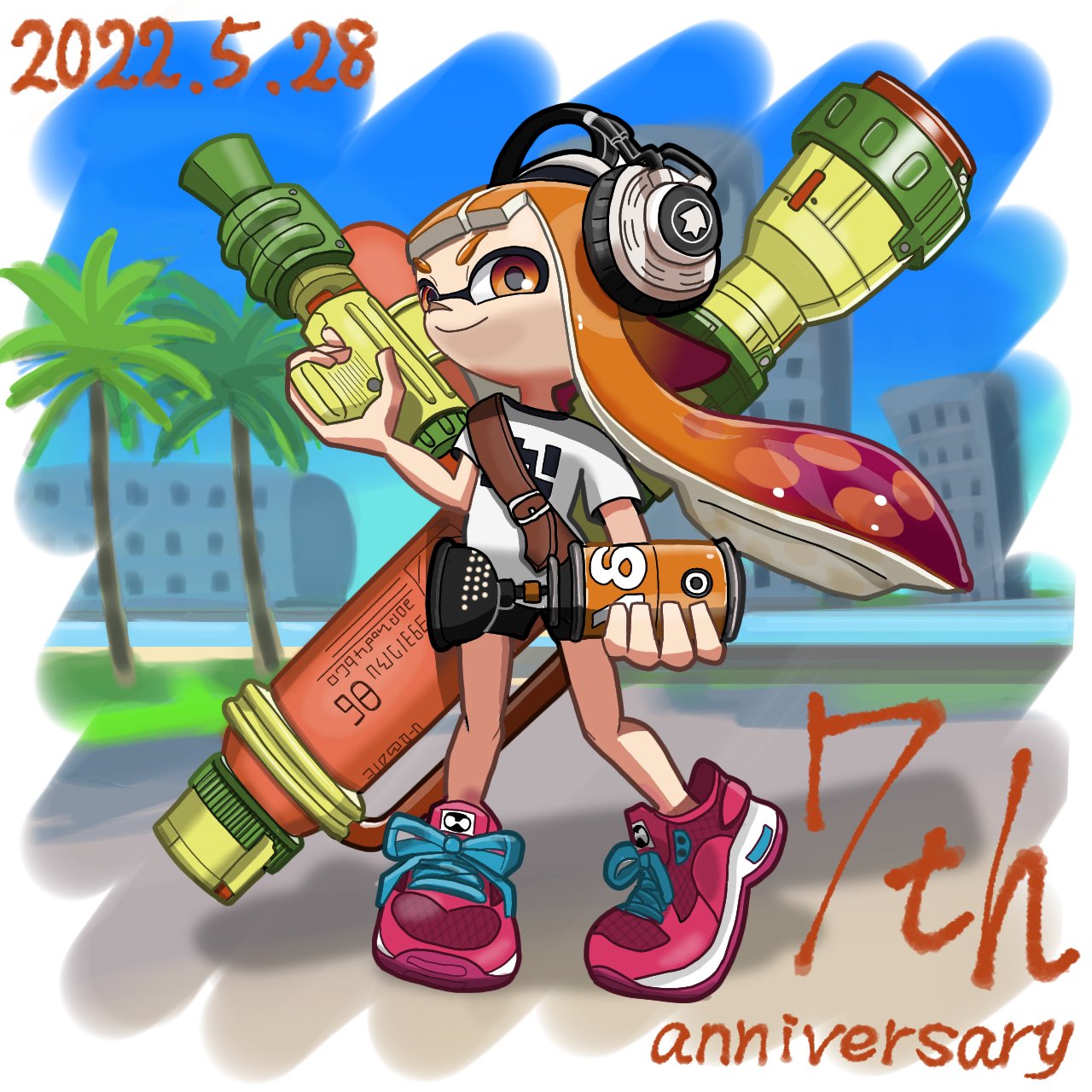 anniversary closed_mouth commentary_request dated furu_spla headphones highres holding holding_weapon inkling inkling_girl inkling_player_character inkzooka_(splatoon) long_hair orange_eyes orange_hair palm_tree pointy_ears shoes smile splatoon_(series) splatoon_1 splattershot_(splatoon) suction_bomb_(splatoon) tentacle_hair tree weapon