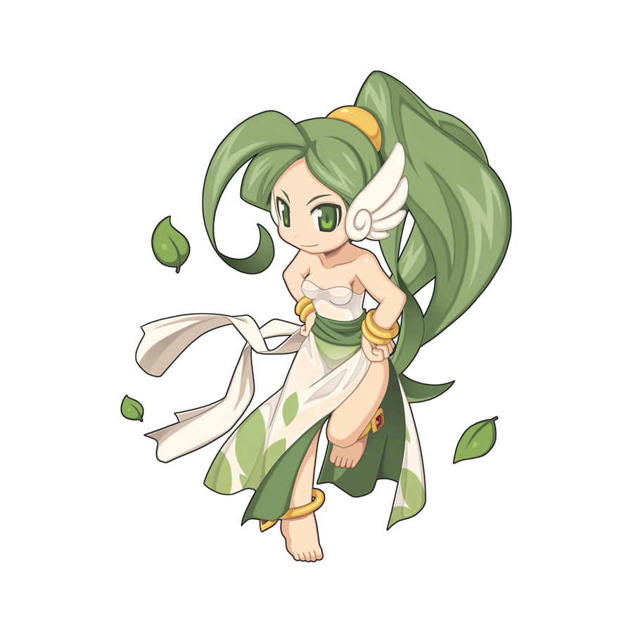 1girl ahoge angel_wings bangle bracelet breasts chibi closed_mouth dress ear_wings full_body green_eyes green_hair green_sash hands_on_own_hips high_ponytail huge_ahoge jewelry leaf long_hair looking_at_viewer official_art ragnarok_online sash simple_background small_breasts smile solo standing standing_on_one_leg strapless strapless_dress transparent_background ventus_(ragnarok_online) very_long_hair white_dress wings yuichirou