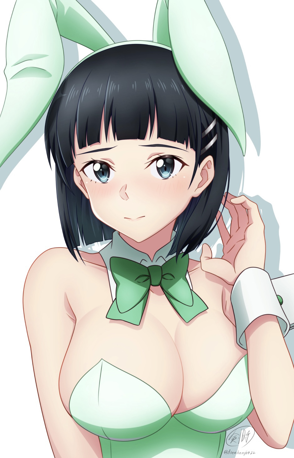 1girl animal_ears artist_name bare_shoulders black_hair blunt_bangs bob_cut bow bowtie breasts cleavage closed_mouth collarbone commentary_request detached_collar fake_animal_ears green_bow green_bowtie green_leotard grey_eyes grey_hair hair_ornament hairclip hand_up highres ken-ji kirigaya_suguha leotard light_blush looking_at_viewer medium_hair playboy_bunny signature simple_background solo strapless strapless_leotard sword_art_online twitter_username upper_body white_background wing_collar wrist_cuffs