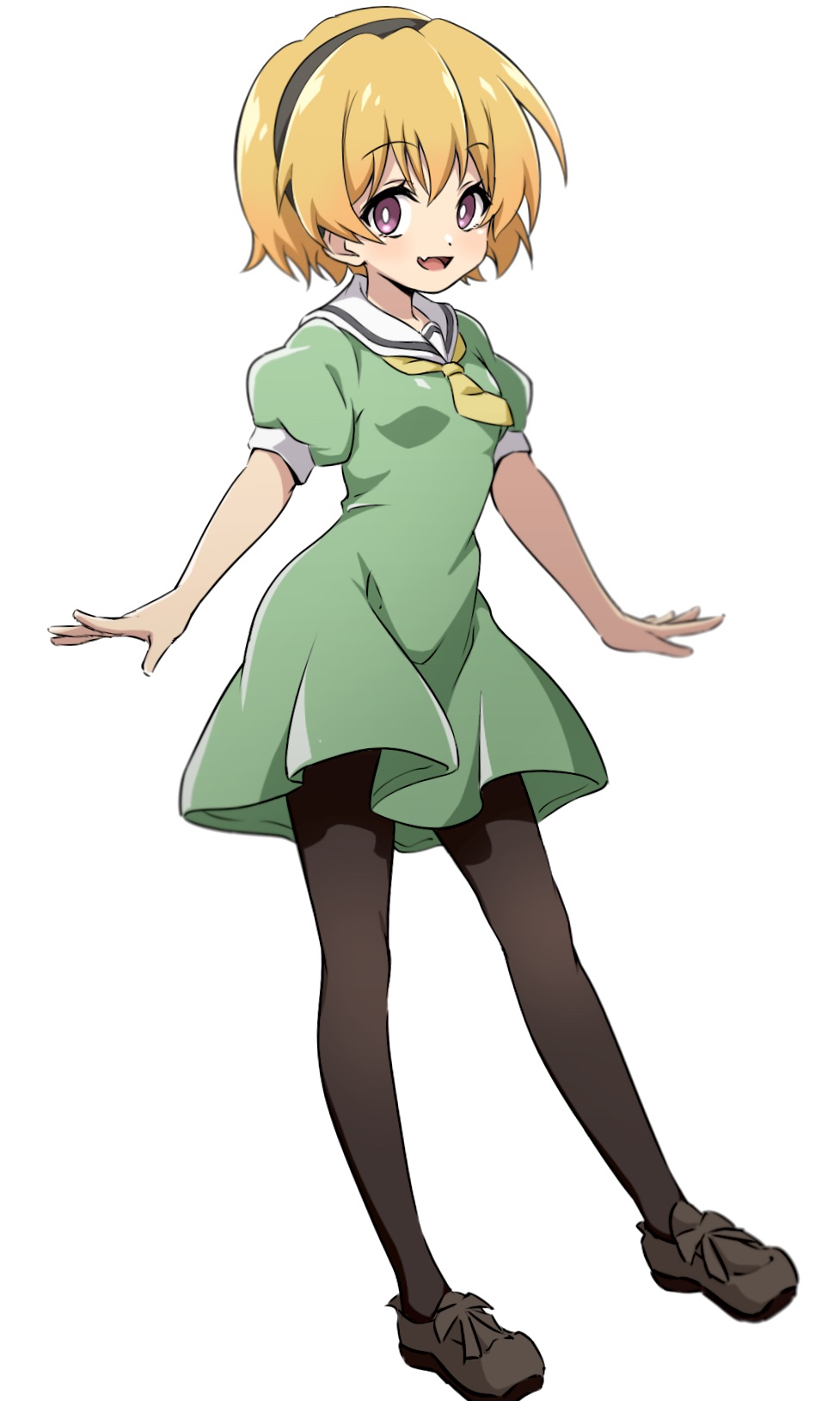 1girl :d arms_at_sides black_footwear black_hairband black_pantyhose blonde_hair bright_pupils commentary_request dress fang floating_hair full_body green_dress hair_between_eyes hairband highres higurashi_no_naku_koro_ni houjou_satoko looking_at_viewer neckerchief nishizuki_shino open_mouth pantyhose puffy_short_sleeves puffy_sleeves purple_eyes sailor_collar short_dress short_hair short_sleeves simple_background skin_fang smile solo standing tareme white_background white_pupils white_sailor_collar yellow_neckerchief