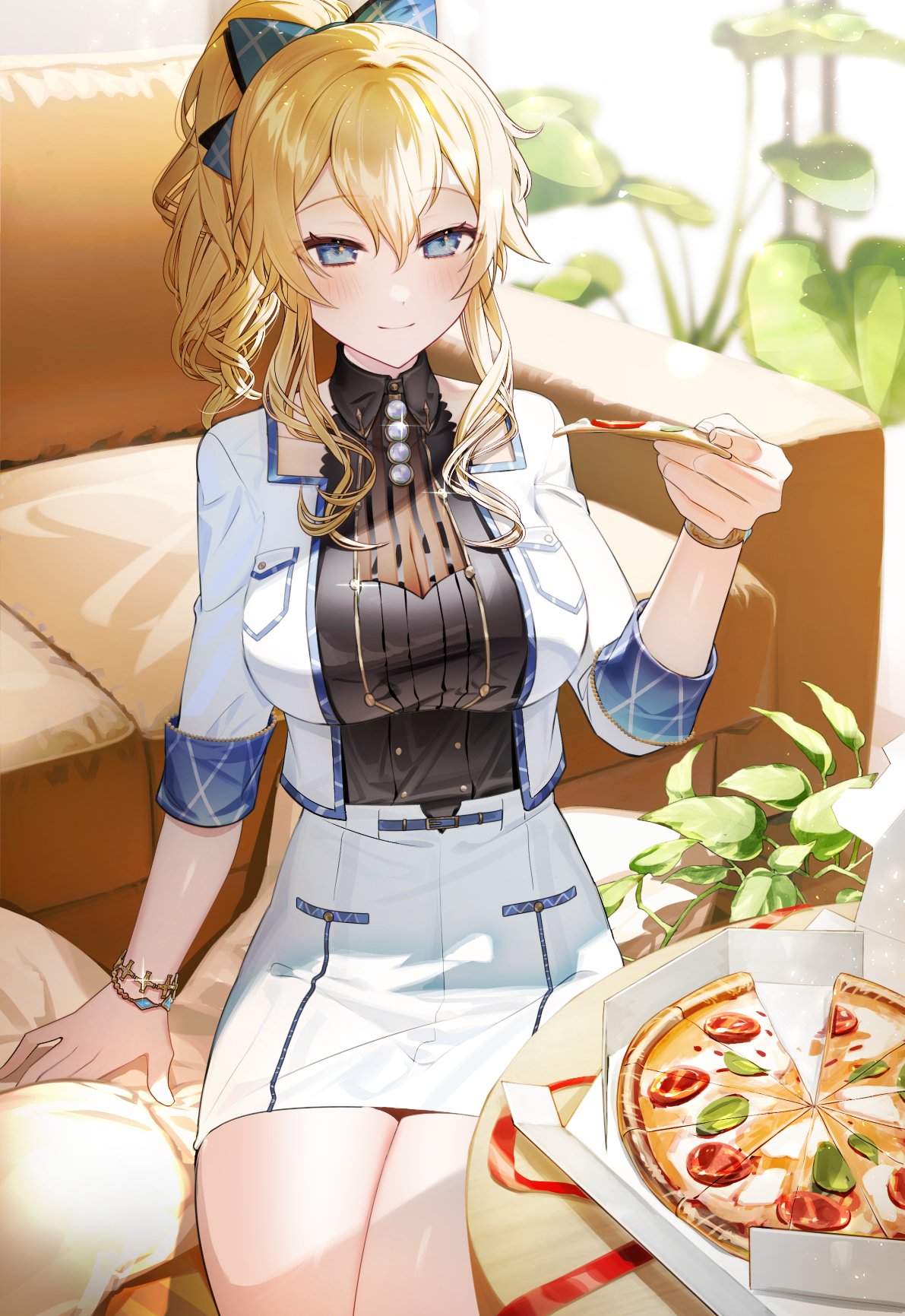 1girl black_shirt blue_eyes blush breasts cleavage closed_mouth collared_shirt couch cowboy_shot food genshin_impact gold_bracelet hair_between_eyes hand_up high-waist_skirt high_ponytail highres holding holding_food holding_pizza indoors jacket jean_(genshin_impact) jean_(pizza_alvolo)_(genshin_impact) large_breasts looking_at_viewer nose_blush on_floor pencil_skirt pizza pizza_box shirt sidelocks sitting skirt sleeve_cuffs smile solo spoken_blush syandega twitter_username white_jacket white_skirt wristlet
