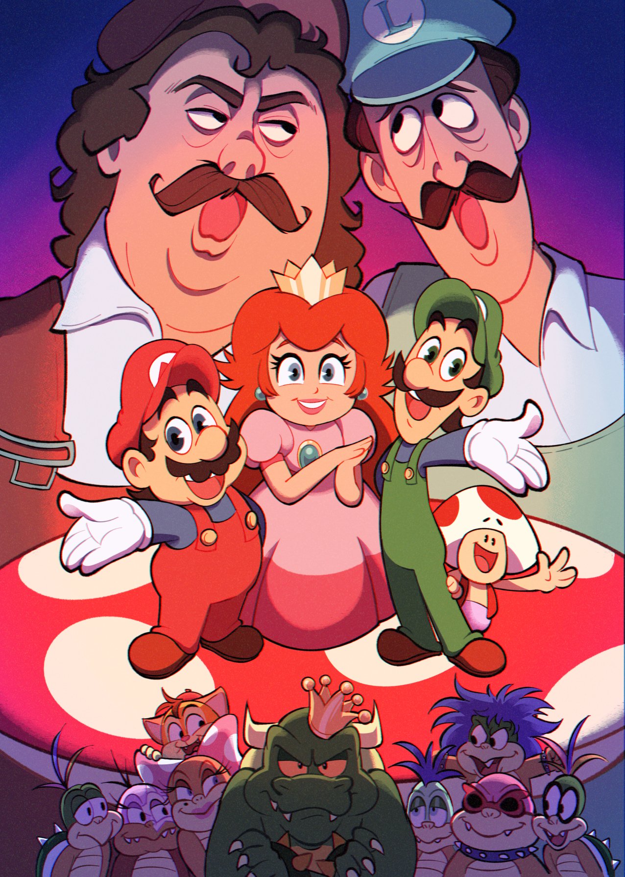 2girls 6+boys :d blue_hair blue_shirt bow bracelet brown_hair closed_mouth collar commentary crossed_arms crown dettlefff dress earrings english_commentary facial_hair fangs fangs_out gloves green_headwear green_overalls hair_bow hat highres horns iggy_koopa jewelry king_koopa koopalings larry_koopa lemmy_koopa lipstick long_hair long_sleeves looking_at_another looking_at_viewer ludwig_von_koopa luigi makeup mario mario_(series) mini_crown morton_koopa_jr. multiple_boys multiple_girls mustache open_mouth overalls pink_bow pink_dress pink_lips polka_dot polka_dot_bow princess_peach puffy_short_sleeves puffy_sleeves red_hair red_headwear red_overalls roy_koopa shirt short_hair short_sleeves smile spiked_bracelet spiked_collar spiked_shell spikes sunglasses the_super_mario_bros._super_show! toad_(mario) upper_teeth wendy_o._koopa white_gloves