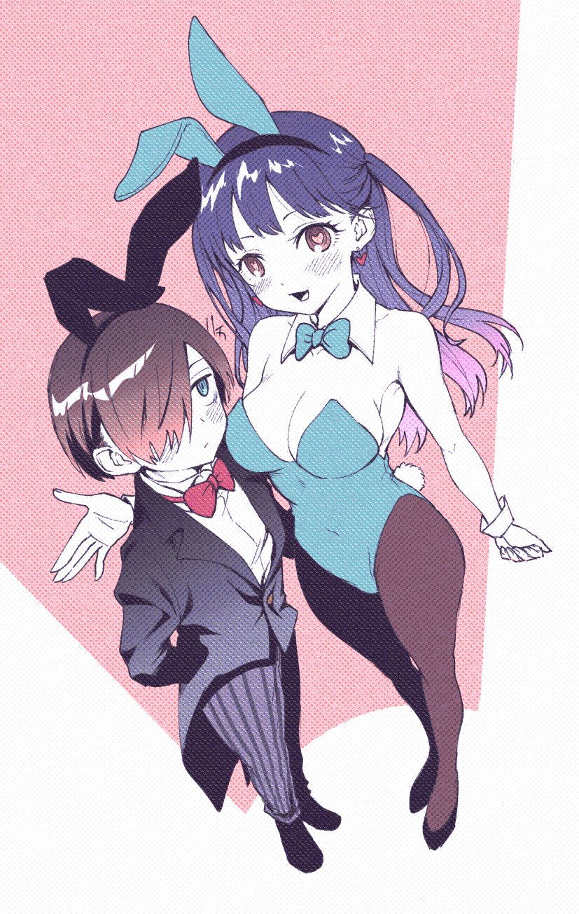 1boy 1girl animal_ears bare_arms bare_shoulders black_footwear black_hair black_pants black_suit blue_bow blue_bowtie blue_eyes blue_leotard blush boku_no_kokoro_no_yabai_yatsu bow bowtie breasts brown_eyes brown_pantyhose cleavage closed_mouth collar covered_navel detached_collar fake_animal_ears fake_tail full_body haika_(edathaika) hair_over_one_eye heart heart-shaped_pupils highres ichikawa_kyoutarou large_breasts leotard long_hair looking_at_another looking_at_viewer open_mouth pants pantyhose playboy_bunny rabbit_ears rabbit_tail red_bow red_bowtie shoes short_hair standing strapless strapless_leotard striped_clothes striped_pants suit symbol-shaped_pupils tail traditional_bowtie tuxedo vertical-striped_clothes vertical-striped_pants white_collar white_wrist_cuffs wrist_cuffs yamada_anna