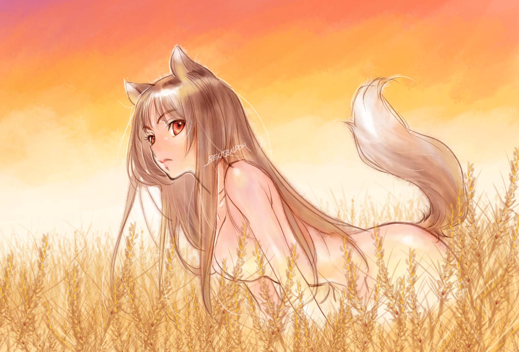 1girl all_fours animal_ears artist_name brown_hair highres holo lips long_hair looking_at_viewer looking_to_the_side nude outdoors red_eyes solo spice_and_wolf sunset tail wheat_field yonemura_kouichirou