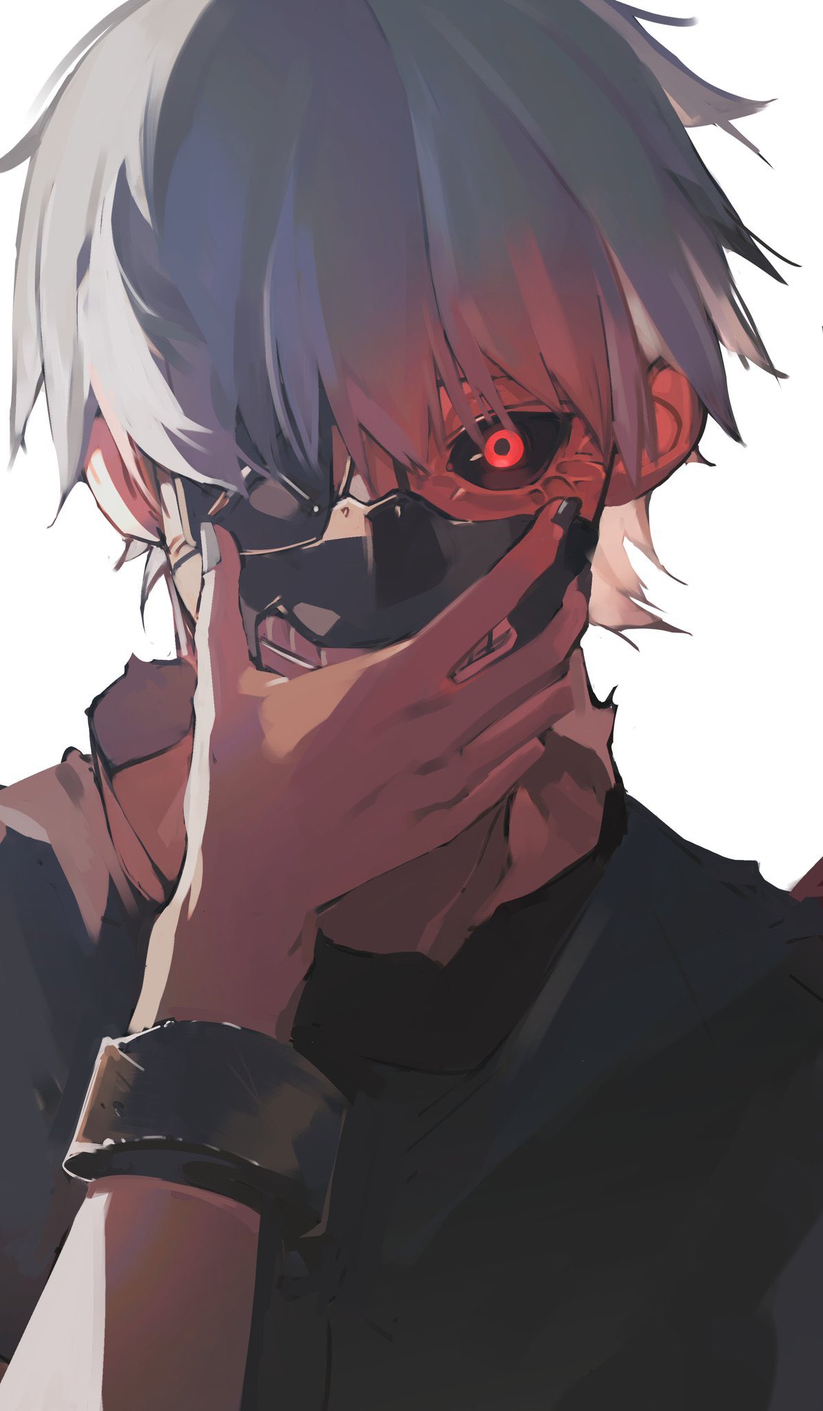 1boy adjusting_mask black_eyes black_shirt covering_one_eye cuffs facing_viewer glowing glowing_eye grey_nails half_mask highres kaneki_ken looking_at_viewer mask mikeekakiaka2 red_eyes shackles shirt solo teeth tokyo_ghoul white_background white_hair