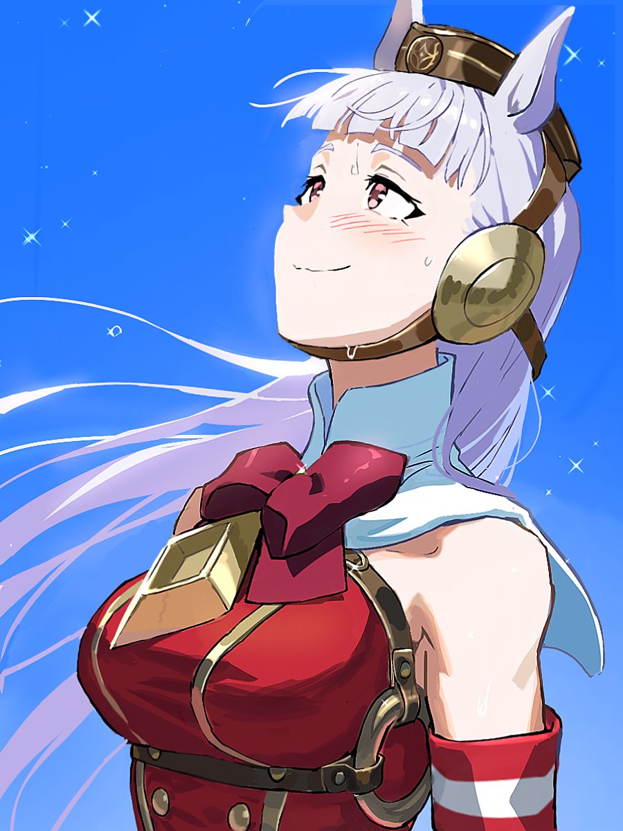 1girl animal_ears armband bare_shoulders blue_sky bow breasts brown_hat buttons closed_mouth commentary_request double-breasted dress ear_bow gold_ship_(umamusume) grey_hair highres horse_ears horse_girl koppe_koppe large_breasts long_hair outdoors pillbox_hat purple_bow purple_eyes red_bow red_dress sky smile solo umamusume upper_body