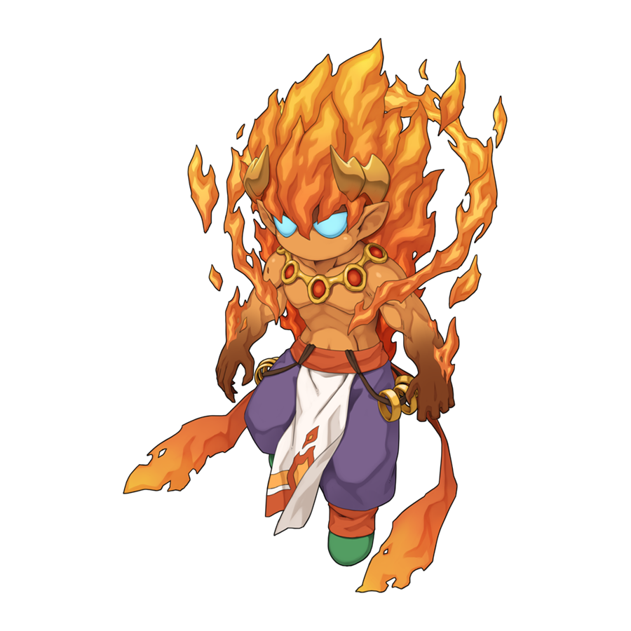 1boy ador_(ragnarok_online) blue_sclera chibi colored_sclera fiery_hair full_body hair_between_eyes horns jewelry long_bangs male_focus muscular muscular_male no_mouth no_pupils official_art orange_hair pants pelvic_curtain pointy_ears purple_pants ragnarok_online ring simple_background solo tan topless_male transparent_background yellow_horns yuichirou