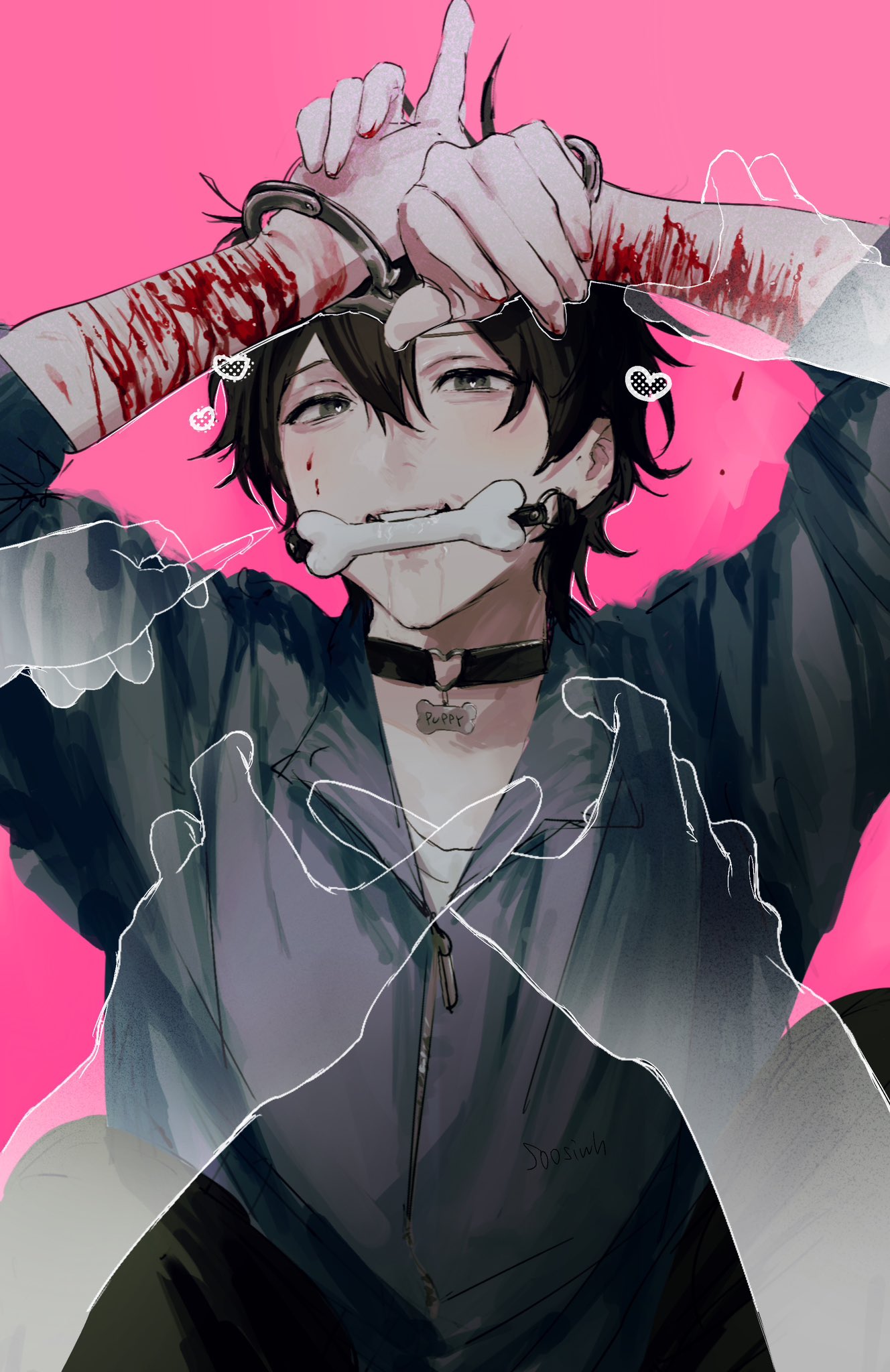 1boy arms_up biting black_choker black_hair blood blood_on_arm blood_on_face choker collared_jacket cuffs from_above gagged green_eyes grey_jacket guro hair_between_eyes hand_on_another's_arm handcuffs heart heart_in_eye highres jacket light_blush looking_at_viewer lying male_focus multiple_others on_back original pink_background pov pov_hands saliva_drip scar scar_on_arm self-harm shirt simple_background sleeves_rolled_up soosiwh symbol_in_eye upper_body white_shirt
