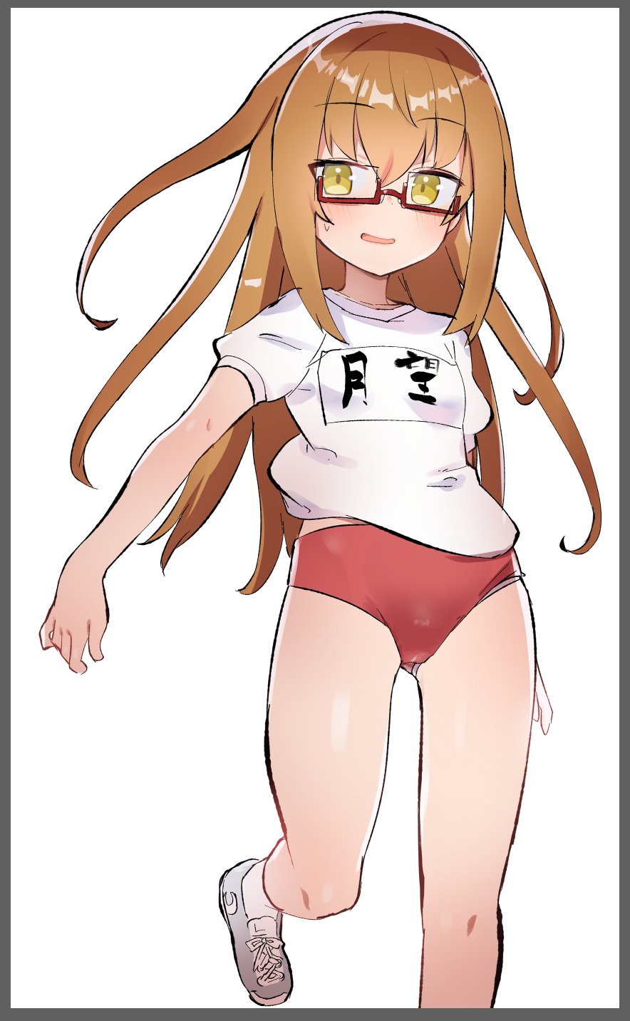 1girl blush border brown_hair buruma caburi glasses gym_shirt gym_uniform highres kantai_collection long_hair looking_at_viewer mochizuki_(kancolle) name_tag open_mouth red-framed_eyewear red_buruma semi-rimless_eyewear shirt shoes short_sleeves simple_background sneakers socks solo white_background white_shirt yellow_eyes