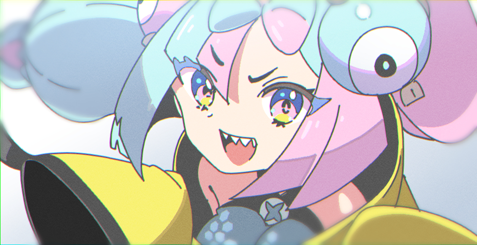 1girl :d bare_shoulders blue_hair bow-shaped_hair character_hair_ornament hair_ornament iono_(pokemon) jacket long_hair long_sleeves looking_at_viewer momo_kekoko multicolored_hair open_mouth pink_eyes pink_hair pokemon pokemon_sv sharp_teeth sleeves_past_fingers sleeves_past_wrists smile solo teeth two-tone_hair upper_body upper_teeth_only yellow_jacket