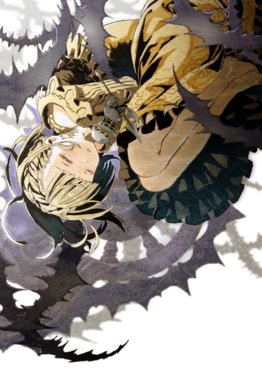 1girl bangs bare_shoulders blonde_hair braid briar_rose_(sinoalice) doll_hug dress hair_between_eyes half-closed_eyes knees_up long_sleeves looking_at_viewer nightgown one_eye_closed open_mouth pajamas short_hair simple_background sinoalice solo teeth thorns tsukinowa_kousuke upside-down white_background yellow_dress yellow_eyes