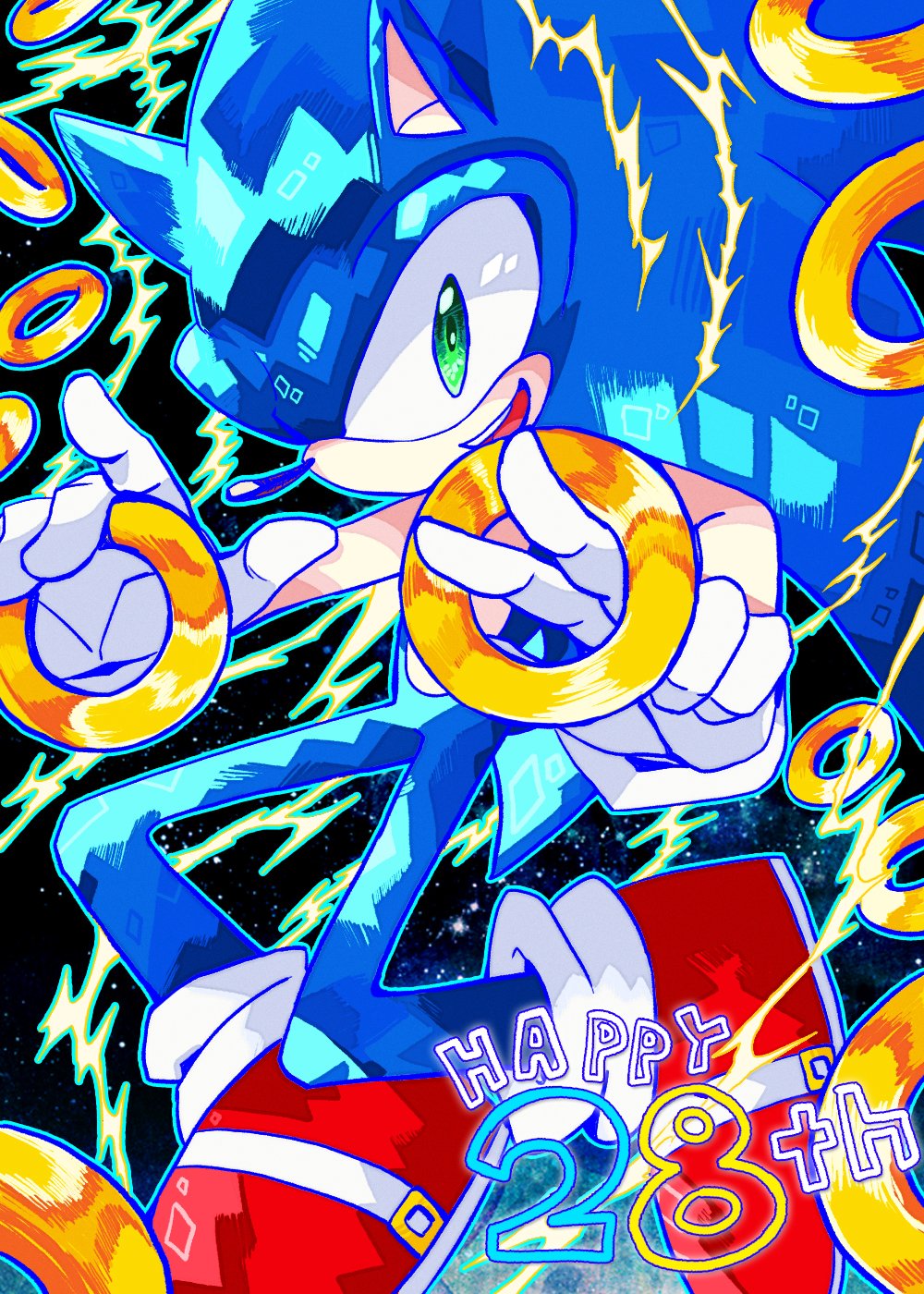 1boy blue_fur blueeblin commentary_request electricity full_body gloves green_eyes happy_birthday highres holding looking_at_viewer male_focus red_footwear ring_(sonic) shoe_soles smile solo sonic_(series) sonic_the_hedgehog white_gloves