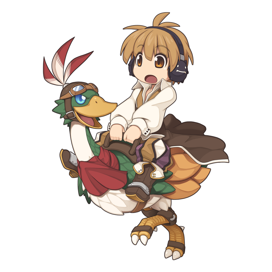 1boy baggy_pants bird boots brown_cape brown_eyes brown_footwear brown_hair brown_pants brown_vest cape chibi clown_(ragnarok_online) collared_shirt deviruchi full_body hair_between_eyes headphones long_sleeves medium_bangs official_art open_mouth pants ragnarok_online riding shirt short_hair simple_background solo transparent_background vest waist_cape white_shirt yuichirou