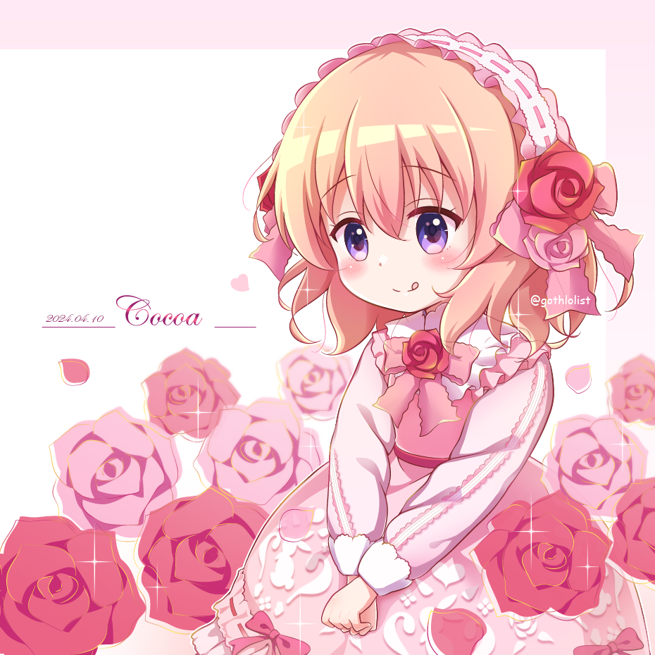 1girl :q blush bow brown_hair character_name closed_mouth commentary_request dated dress flower gochuumon_wa_usagi_desu_ka? goth_risuto hair_between_eyes hoto_cocoa lolita_fashion long_sleeves looking_at_viewer pink_background pink_bow pink_dress pink_flower pink_rose puffy_long_sleeves puffy_sleeves purple_eyes red_flower red_rose rose smile solo tongue tongue_out twitter_username two-tone_background white_background