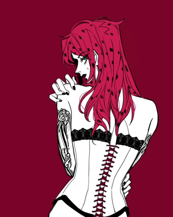 1boy androgynous arm_tattoo commentary_request corset crossdressing diavolo from_behind green_eyes jojo_no_kimyou_na_bouken limited_palette lipstick long_hair looking_back makeup male_focus nail_polish pink_hair red_background sempon_(doppio_note) solo spotted_hair sweatdrop tattoo upper_body vento_aureo