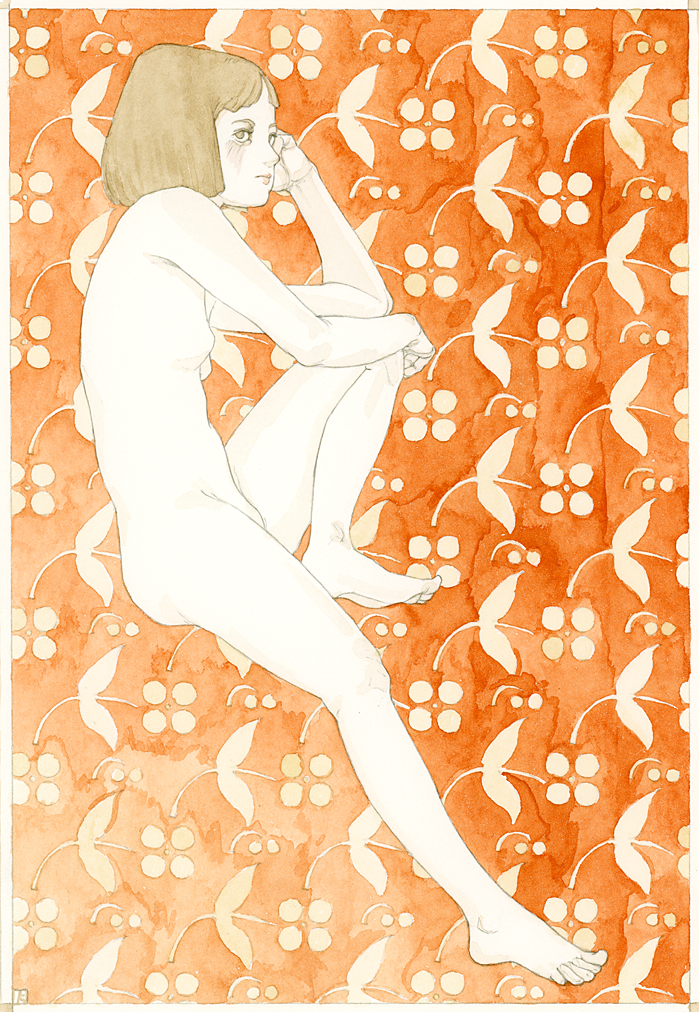 bob_cut breasts colored_skin completely_nude feet floral_background full_body kst1911 medium_hair midair no_nipples nude original painting_(medium) petite pointy_breasts sitting small_breasts traditional_media watercolor_(medium) white_skin
