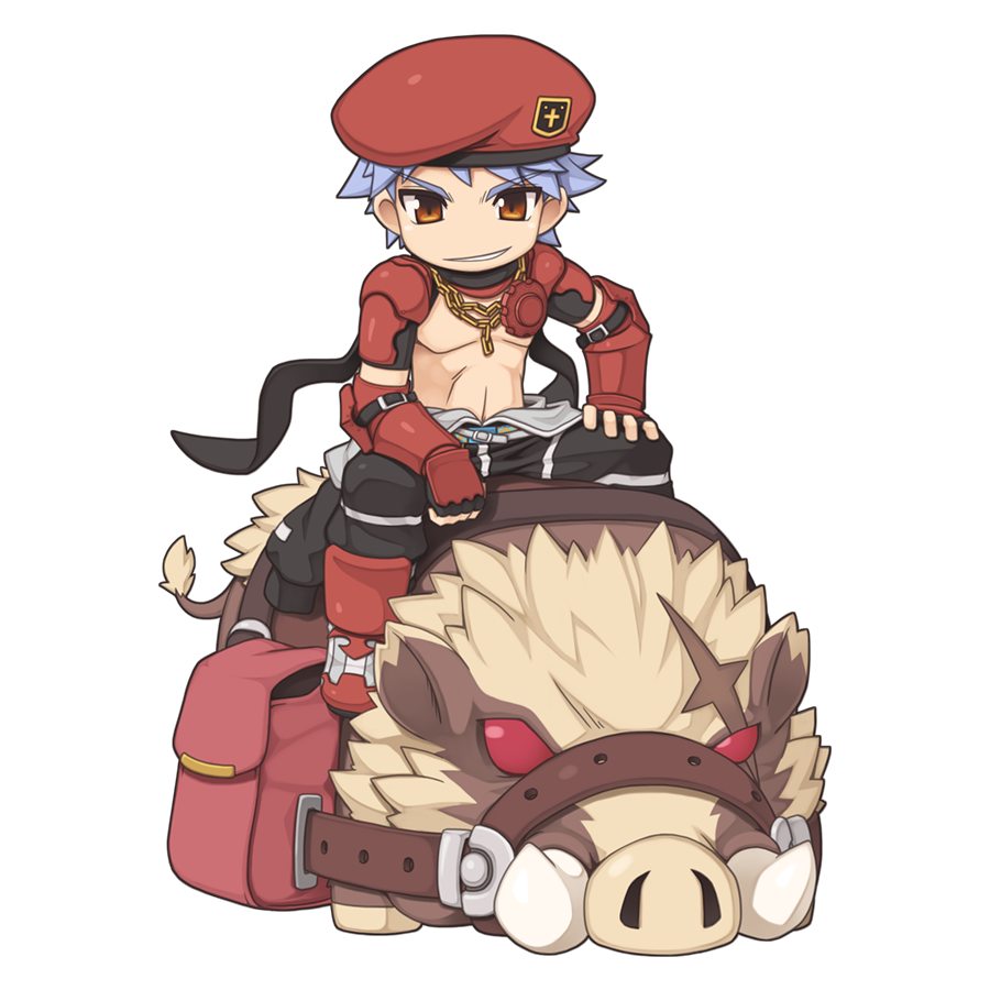 1boy armor armored_boots beret black_gloves black_pants black_scarf blue_hair boar boots brown_eyes chain chibi full_body gloves grin hand_on_own_knee hat jewelry looking_at_viewer male_focus mechanic_(ragnarok_online) necklace no_nipples official_art pants pouch ragnarok_online red_armor red_hat riding savage_(ragnarok_online) scarf short_bangs short_hair shrug_(clothing) simple_background smile solo transparent_background vambraces yuichirou