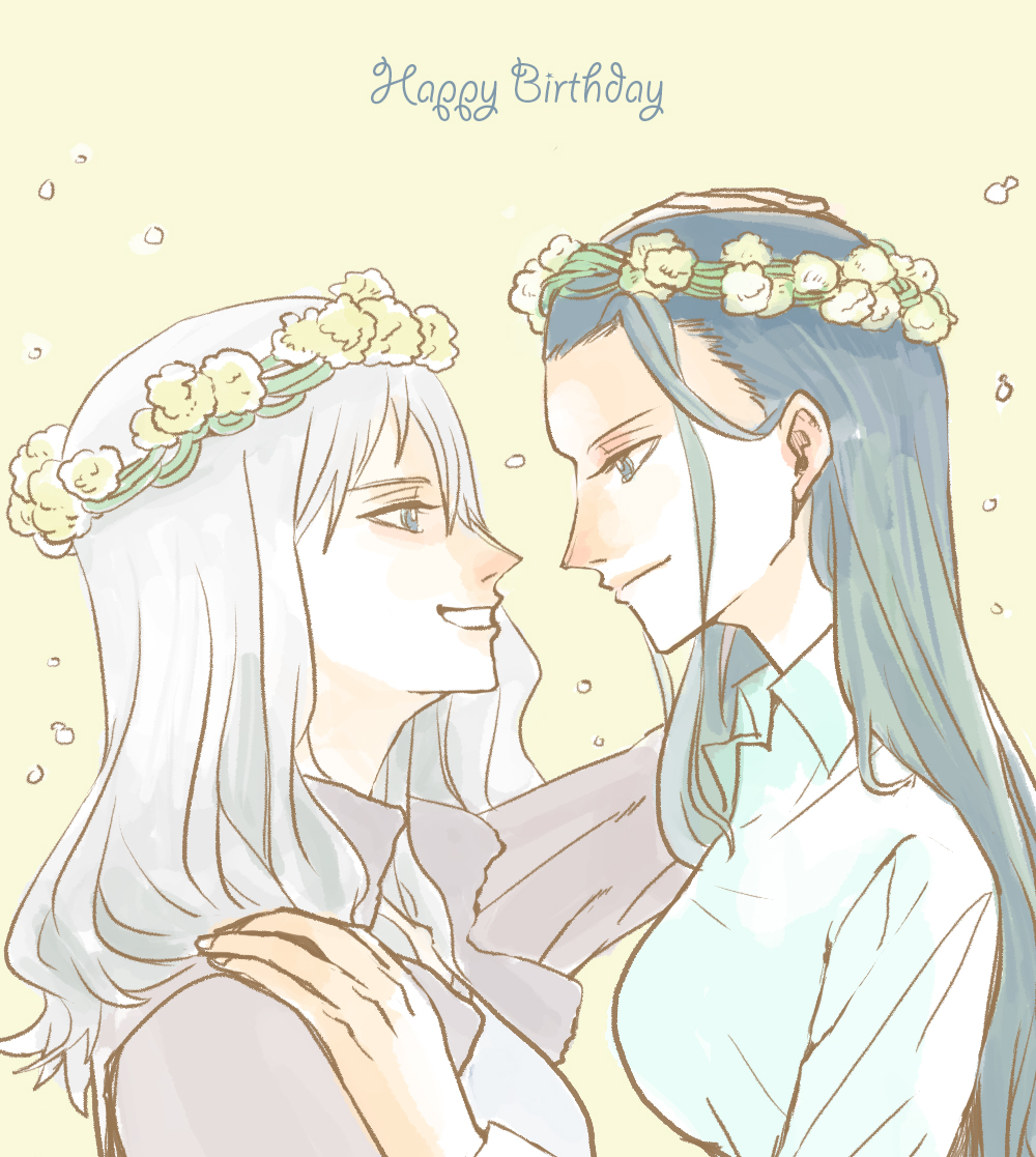2girls blue_eyes blueeblin collared_shirt commentary hand_on_another's_shoulder happy_birthday long_hair looking_at_another mother_and_daughter multiple_girls nico_olvia nico_robin one_piece profile shirt smile white_hair white_shirt
