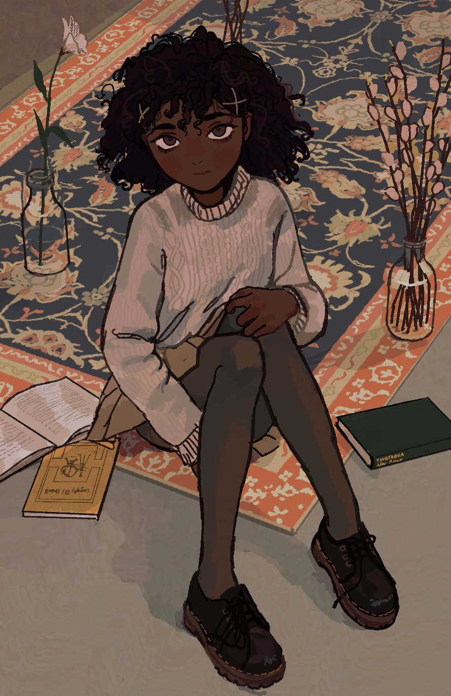 afro black_hair book brown_eyes carpet curly_hair dark-skinned_female dark_skin doc_martens flower from_above full_body hair_ornament highres io_(onisarashi) light_smile looking_at_viewer original pantyhose pleated_skirt sitting skirt sweater very_dark_skin x_hair_ornament