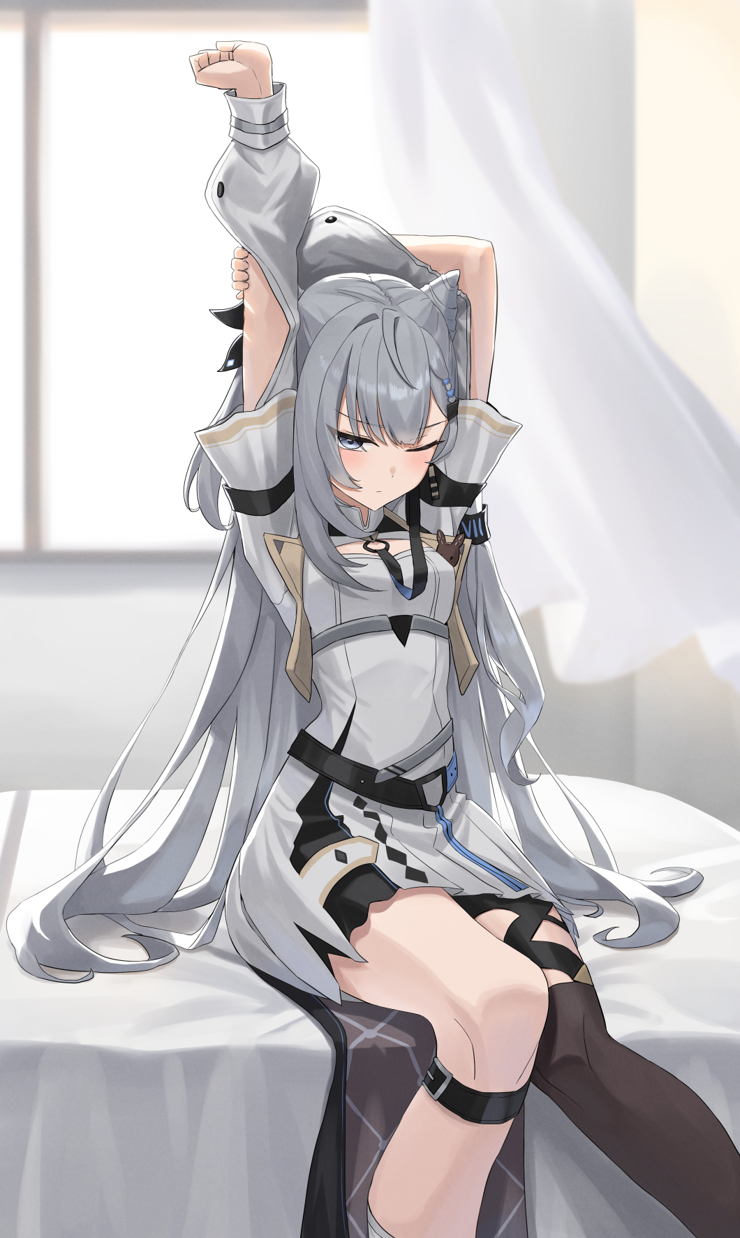 1girl arms_up black_thighhighs blush closed_mouth commentary cone_hair_bun cropped_jacket curtains double_bun dress feet_out_of_frame grey_eyes grey_hair hair_bun highres hololive hololive_indonesia indoors jacket long_hair long_sleeves looking_at_viewer on_bed one_eye_closed open_clothes open_jacket outstretched_arm over-kneehighs pleated_dress short_dress single_over-kneehigh single_sidelock single_thighhigh sitting solo stretching thigh_strap thighhighs vakuuberi very_long_hair vestia_zeta vestia_zeta_(1st_costume) virtual_youtuber white_dress white_jacket window