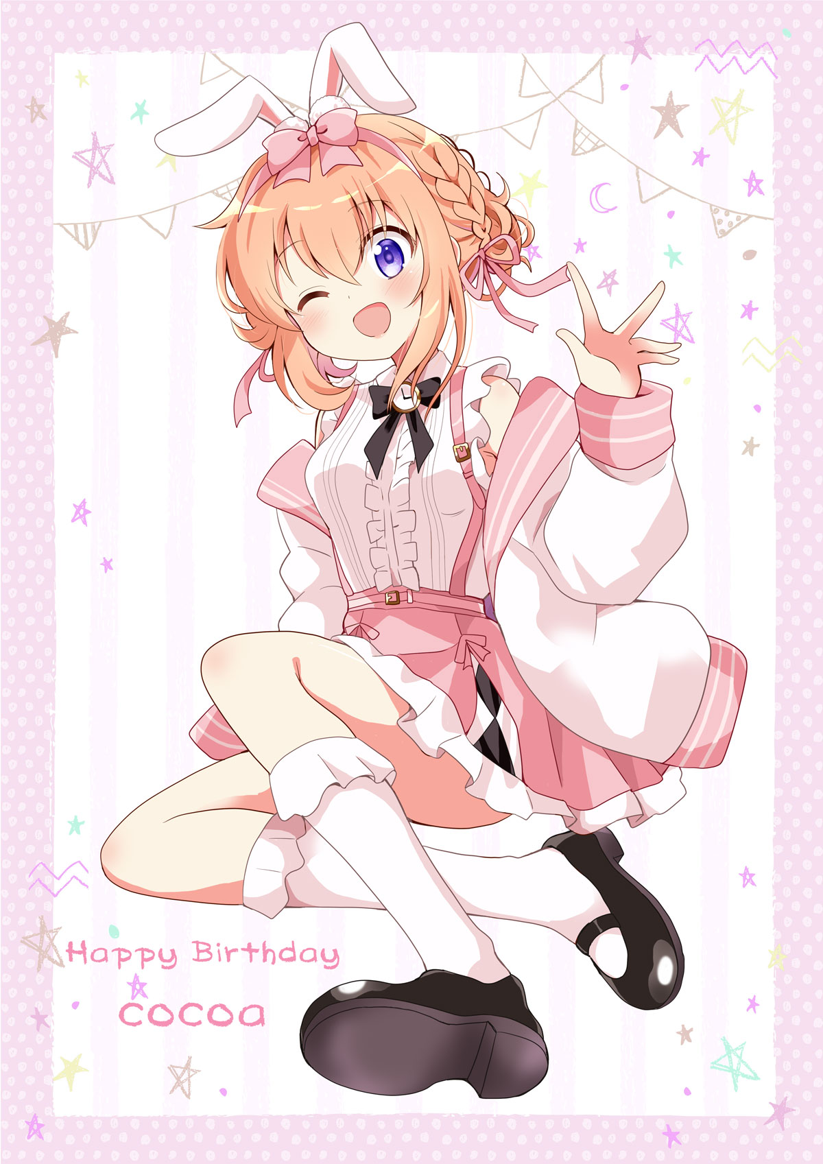 1girl ;d black_footwear blush braid breasts brown_hair center_frills character_name commentary_request crescent frilled_skirt frilled_socks frills full_body gochuumon_wa_usagi_desu_ka? hair_between_eyes happy_birthday highres hoto_cocoa jacket long_sleeves looking_at_viewer massala medium_breasts off_shoulder one_eye_closed open_clothes open_jacket pennant pink_skirt pleated_skirt puffy_long_sleeves puffy_sleeves purple_eyes shirt shoe_soles shoes skirt sleeveless sleeveless_shirt smile socks solo star_(symbol) string_of_flags suspender_skirt suspenders white_jacket white_shirt white_socks