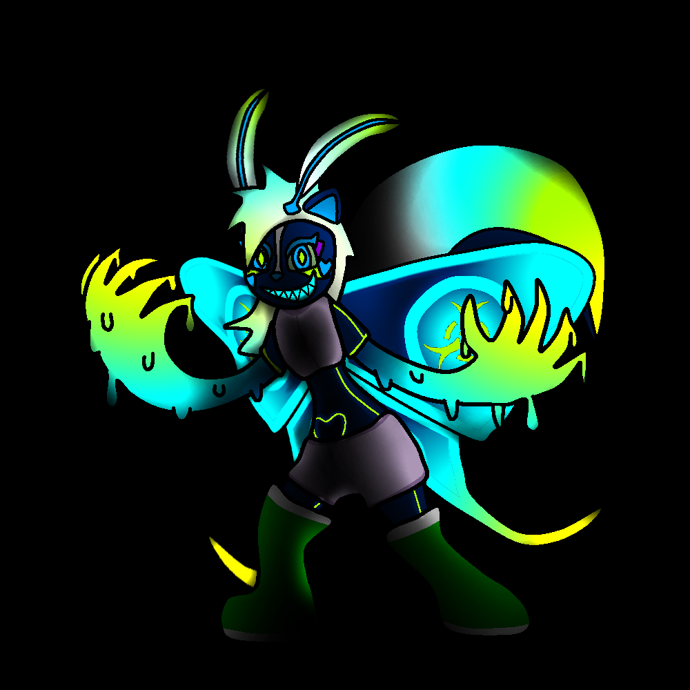 antennae_(anatomy) anthro arthropod biohazard_symbol clothing female glowing glowing_antennae glowing_arms glowing_eyes glowing_hair glowing_wings goo_creature hair insect lepidopteran mammal mephitid moth sharp_teeth shyblueskunk skunk solo symbol teeth wings