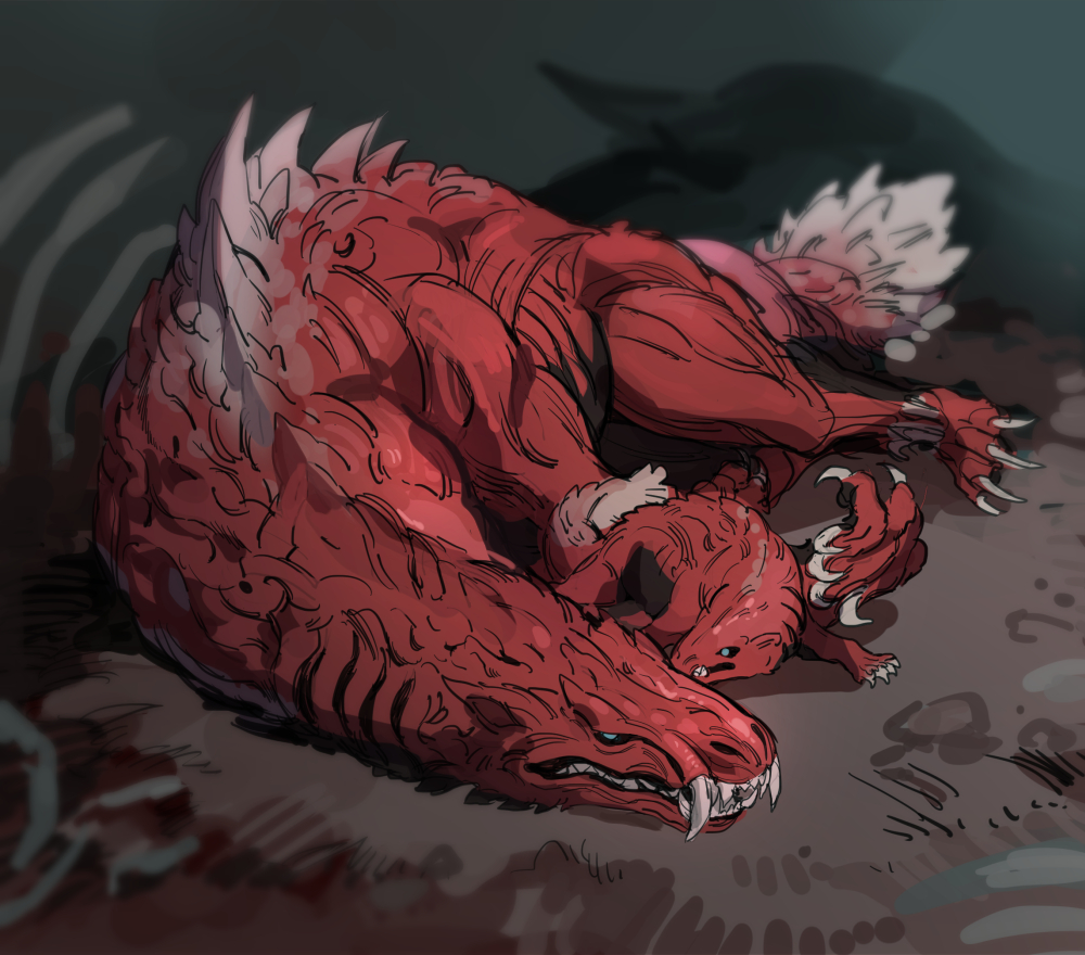 azaya_(kuroi_azaya) baby_animal blue_eyes bone claws colored_skin dirt fangs glowing glowing_eyes lying monster monster_hunter:_world monster_hunter_(series) multicolored_skin muscular no_humans odogaron on_floor on_stomach red_skin sharp_teeth sleeping solid_eyes spikes teeth two-tone_skin white_skin