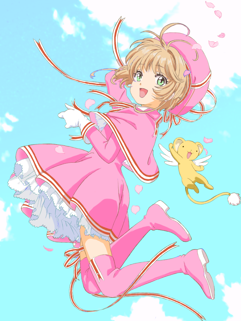 1girl adjusting_hair antenna_hair beret boots brown_hair capelet cardcaptor_sakura cloud cloudy_sky dress falling_petals full_body gloves green_eyes hat kero_(cardcaptor_sakura) kinomoto_sakura knee_boots looking_to_the_side petals pink_capelet pink_dress pink_footwear pink_hat rabitan1022 ribbon_trim short_hair sky white_gloves wings