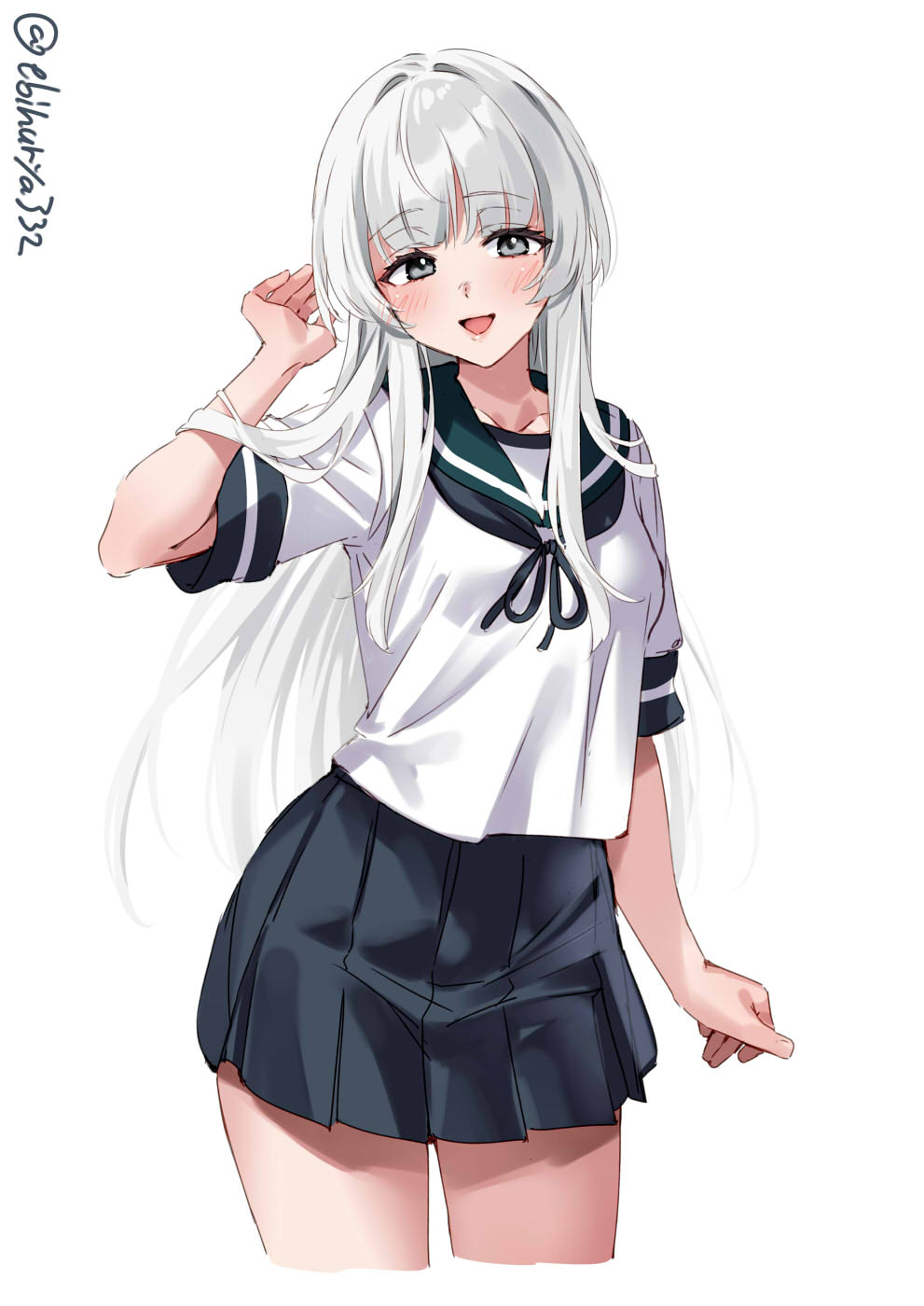 1girl blue_sailor_collar blue_skirt blunt_bangs blush breasts commentary cowboy_shot ebifurya grey_eyes highres kantai_collection long_hair looking_at_viewer medium_breasts open_mouth pleated_skirt sailor_collar school_uniform serafuku shirakumo_(kancolle) shirt short_sleeves simple_background skirt smile solo twitter_username white_background white_hair white_shirt