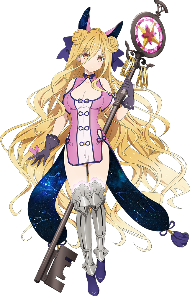 1girl black_gloves blonde_hair bow breasts date_a_live double_bun dress full_body gloves hair_between_eyes hair_bow hair_bun holding holding_staff hoshimiya_mukuro large_breasts long_hair official_art simple_background solo staff standing tachi-e transparent_background yellow_eyes